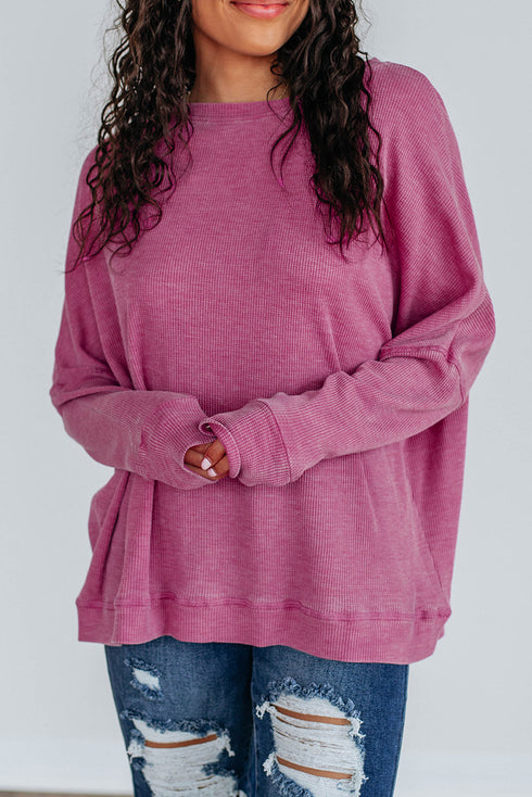 Waffle Knit Drop Shoulder Wide Crewneck Banded Hem Loose Fit Top